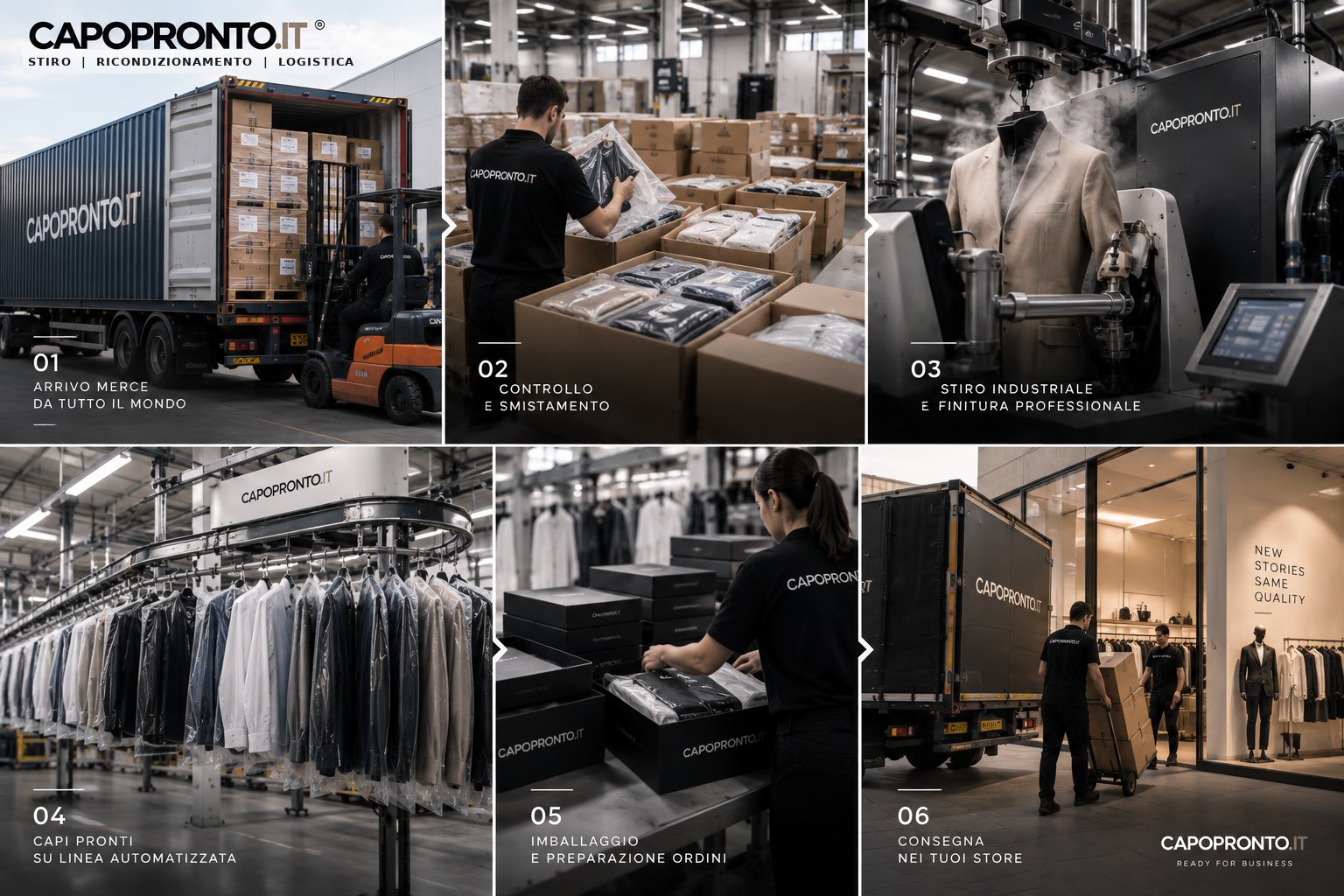 Le sei fasi della lavorazione: arrivo merce, controllo e smistamento, stiro industriale, capi pronti su linea automatizzata, imballaggio e preparazione ordini, consegna al punto vendita
